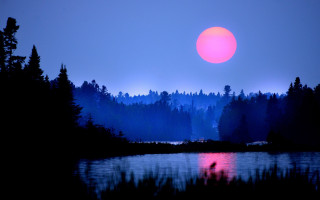 Sunset lake trees moon sky - full moon free wallpaper