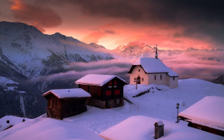 Snowy mountain church sunset clouds 2 - beautiful landscape free wallpaper