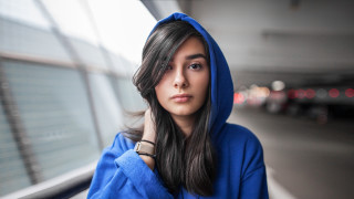 Blue hoodie woman portrait bangle - her head free wallpaper