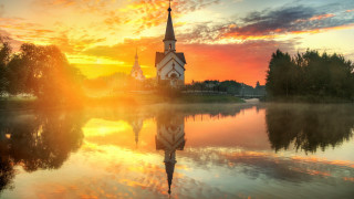 Church reflection sunset clouds gothic - a spire free wallpaper