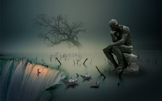 Man rock waterfall origami birds - a rock next free wallpaper