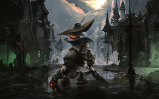 Futuristic suit sword city street - bloodborne free wallpaper