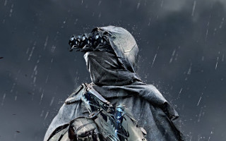 Man hooded rain backpack sword - jacket holding free wallpaper