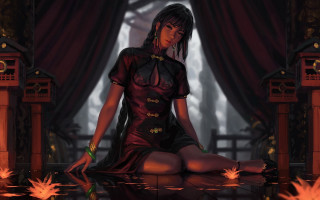 Woman red dress sitting table - a table in a room free wallpaper