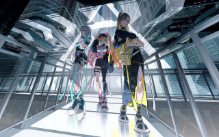 Futuristic hallway group cyberpunk bauhaus - a group of people free wallpaper for desktop