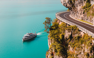 River boat bridge autumn nature - free ship wallpaper