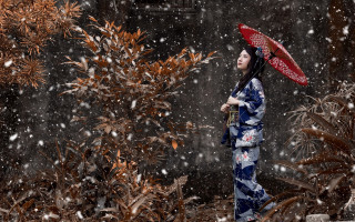 Kimono umbrella snowfall trees night - chen chun free wallpaper
