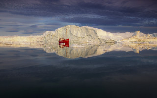 Boat icebergs mountains sunset water - floating free wallpaper