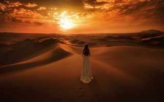 Woman white dress desert sunset - above her free wallpaper