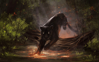 Black panther forest fire autumn - brom free wallpaper