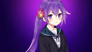 Anime girl purple hair flower 2 - a black bow tie free wallpaper