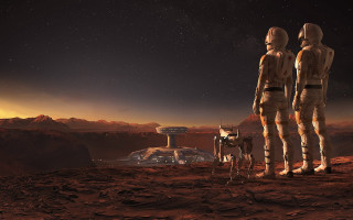 Desert couple dog space station - matte painting concept art free wallpaper for desktop