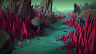 Red trees rocks river green - a green sky free wallpaper