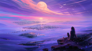 Woman cliff city sunset birds - a painting of a woman free wallpaper