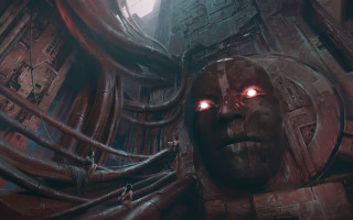 Creepy glowing eyes dystopian cityscape - dystopian art free wallpaper