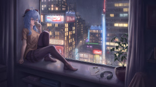 Girl cityscape neon night blue - a window sill free wallpaper