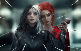 Two women cyberpunk red hair - black outfit free wallpaper