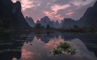 River tree mountains sunset sky - cao buxing free wallpaper for desktop