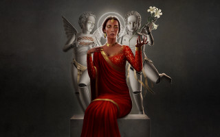 Woman red dress angels flower - bastien l. deharme free wallpaper