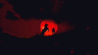 Couple hillside red sun silhouette - top of a grass free wallpaper