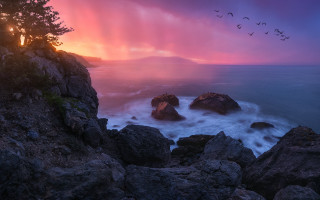 Sunset ocean birds rocks mystical - the cliff free wallpaper