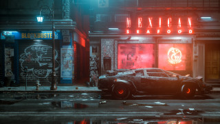 Car neon street building cyberpunk - cinematic 4k wallpaper free wallpaper