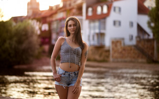 Woman street water buildings bikini - building free wallpaper