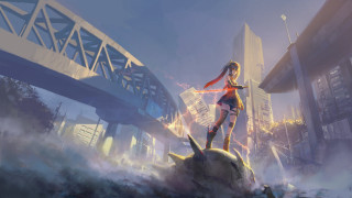 Girl shark city bridge buildings - free cyberpunk wallpaper for desktop