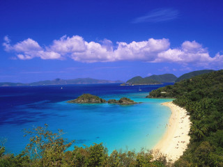 Bascove beach blue water sunny - tree and hills free wallpaper