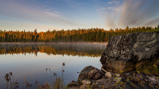 Lake trees rocks sky clouds - bob thompson free wallpaper