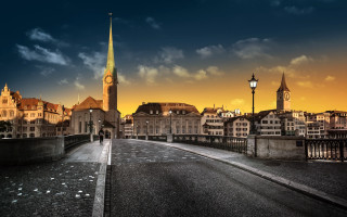 Cityscape clocktower sunset clouds bridge - a clock tower in the background free wallpaper for desktop