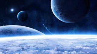 Planets clouds stars brightblue glow - the horizon free wallpaper