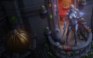 Futuristic city woman armor weapon - a balcony free wallpaper