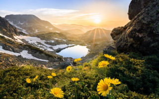 Mountain lake yellowflowers sky sunset - the foreground and a mountain range in the background free wallpaper