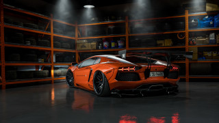 Sports car garage lit shelves - nice free wallpaper