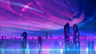 Futuristic city bird night sky - synthwave free wallpaper
