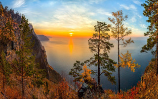 Sunset lake mountain trees cliff - andrey esionov free wallpaper