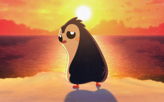 Penguin beach sunset ocean lensflare - free bird wallpaper