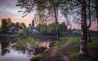 River path church sunset nature - evening free wallpaper for desktop