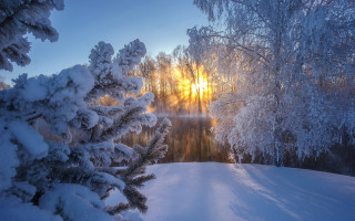 Snowy landscape trees lake sunset 4 - sun free wallpaper