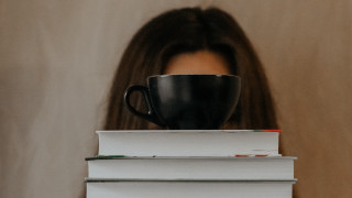Woman hiding books coffee art - book cover free wallpaper for desktop