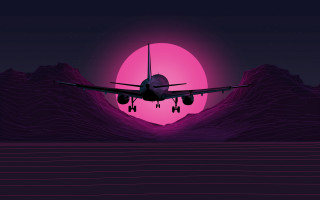 Night mountains plane pink sun - synthwave free wallpaper