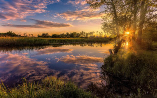 Sunset river trees grass clouds - free summer wallpaper for desktop