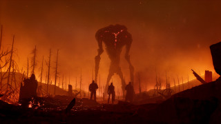 Giant robot forest red glow - tree and people free wallpaper