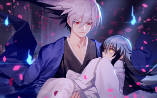 Anime boys petals falling kimono - a couple of anime characters sitting next free wallpaper