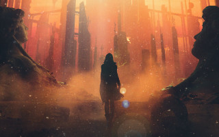 Dark room illuminated figure cyberpunk - dystopian art free wallpaper
