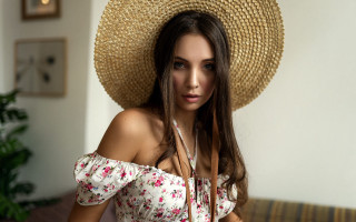 Woman strawhat couch plant fashion - free portrait wallpaper