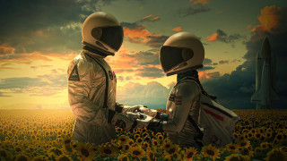 Sunflower field astronauts rocket sunset - solarpunk free wallpaper for desktop