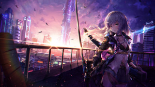 Woman purple sword city night - a purple outfit holding free wallpaper