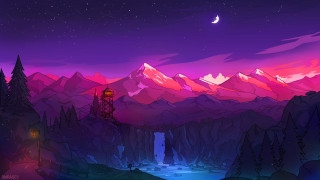 Mountains river tower night moon - a moon free wallpaper for desktop